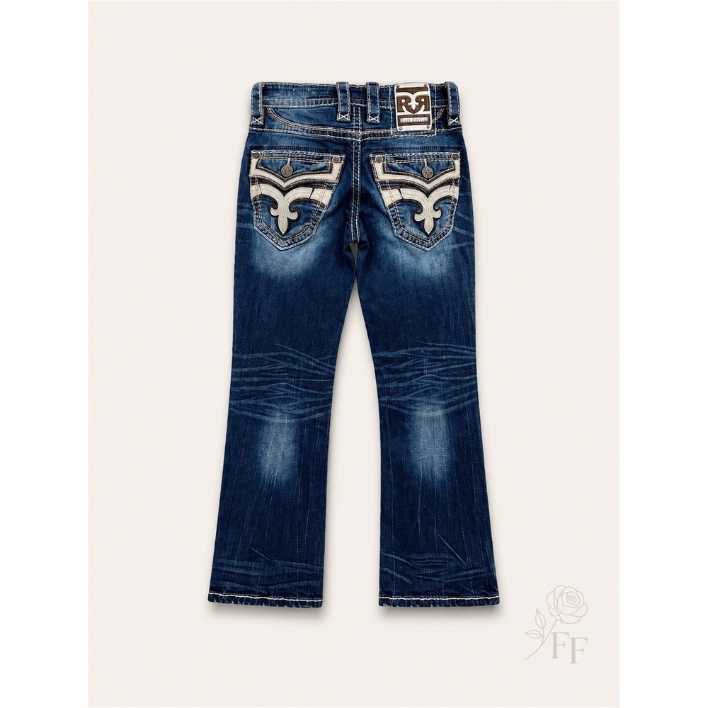 Rock Revival Delicioso Boot Cut Jeans 27x30 Fleur De Lis Embroider Stretch Denim